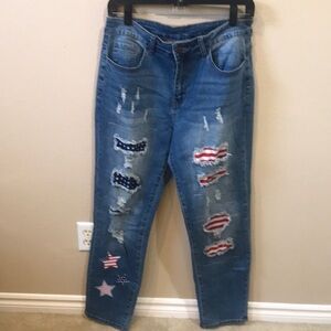 US Flag Stars and Stripes Distressed Patchwork 5 Pocket Straight Leg Jeans-L